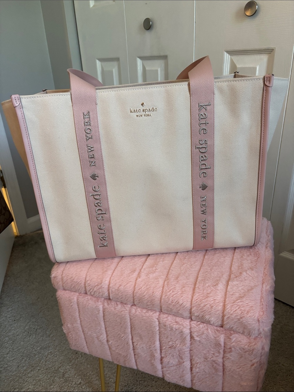 kate spade Cream Canvas Tote with Pink Trim